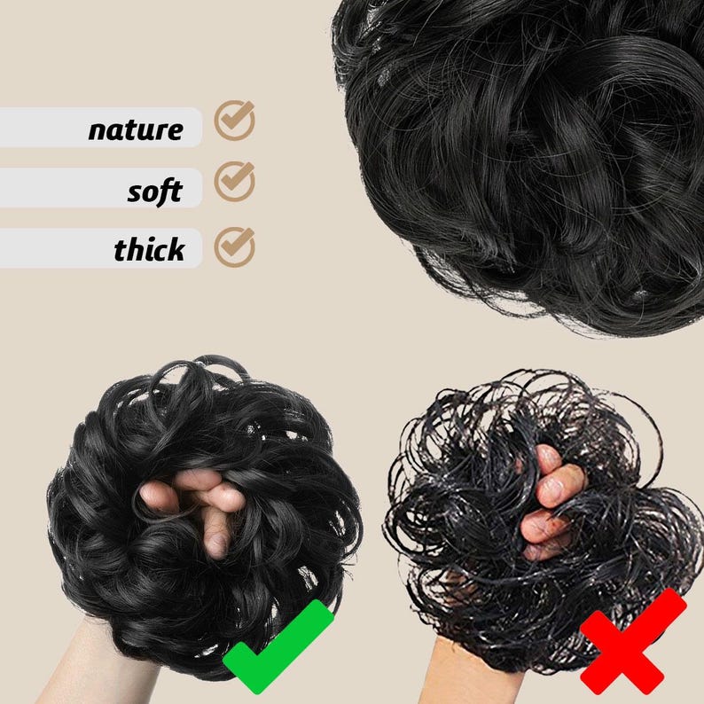 May include: Black hair bun extensions. The image shows a close-up of a black hair bun, with the words "nature", "soft", and "thick" next to checkmarks. The bun appears to be thick and soft.