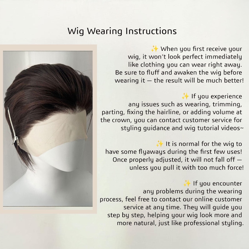 Op de afbeelding: Een bruine pruik met een zijscheiding wordt getoond op een mannequinhoofd. De afbeelding bevat de tekst "Wig Wearing Instructions" en geeft tips over het dragen en stylen van de pruik.