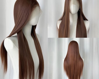 Parrucca frontale in pizzo color rame ramato: capelli sintetici lunghi e ondulati resistenti al calore