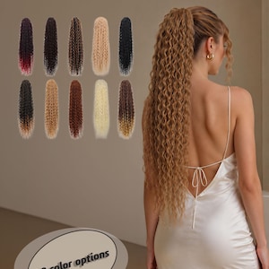 May include: A long, curly, light brown ponytail hair extension attached to the back of the head. The image displays ten distinct color variations of the curly hair extension, ranging from black and blonde to ombre shades, with the text 10 color options.
