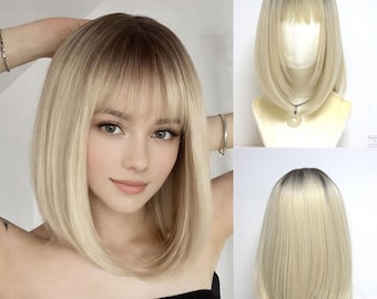 Parrucca bionda con frangia per donna, capelli sintetici lisci naturali, parrucca cosplay resistente al calore con radici scure, acconciatura da indossare tutti i giorni