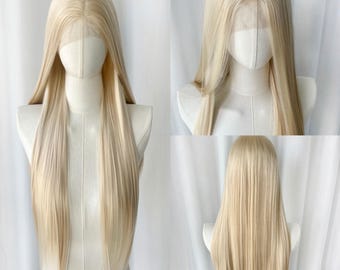 Peluca natural con frente de encaje dorado claro, peluca completa recta extra larga, peluca de cosplay