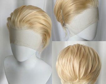 Korte platinablonde herenpruik, hittebestendig synthetisch haar, cosplaykostuum