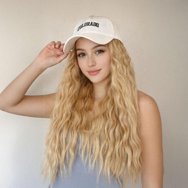 Blonde Wavy Wig with Hat, Heat Resistant Synthetic Hair