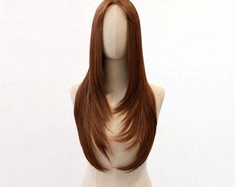 Parrucca lunga a strati color castano rame naturale, capelli sintetici resistenti al calore per uso quotidiano, cosplay o look alla moda, parrucca color caramello