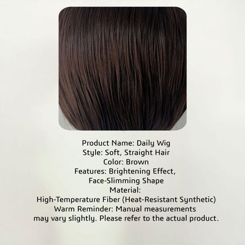 Op de afbeelding: Een bruine pruik met zacht, steil haar. De productnaam is Daily Wig. De pruik is gemaakt van hoge temperatuurvezel en heeft een gezichtsversmallende vorm. De tekst op de afbeelding luidt: "Raadpleeg het daadwerkelijke product."