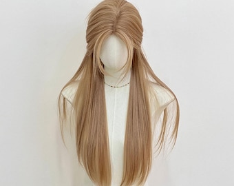 Lange gerade natürliche Aschblonde Perücke 26,77 Zoll, hitzebeständige synthetische Perücke für Frauen mit Mittelteil, natürlicher Look für Cosplay oder täglich