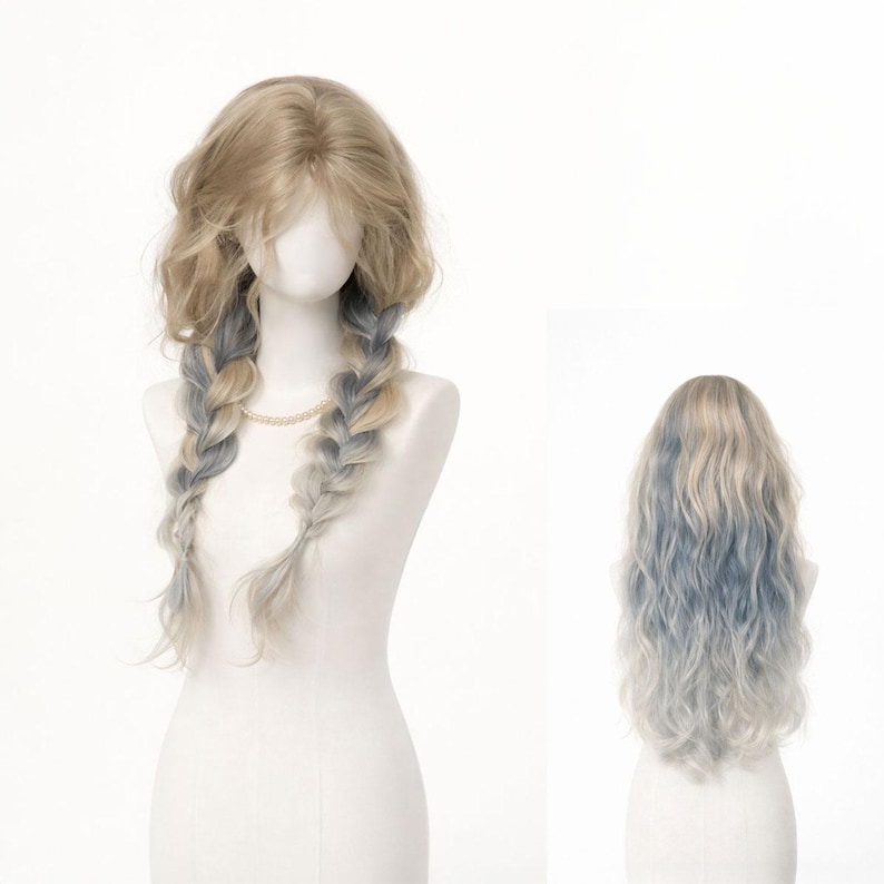 May include: A blonde wig with wavy hair and two blue-gray braids. The wig is displayed on a mannequin, with a second view showing the back of the wig. A gold-colored necklace is visible.
