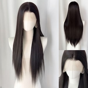 May include: A long, dark brown wig with a center part is displayed on a mannequin. The wig features straight, sleek hair that falls past the shoulders. The image shows the front, back, and a close-up of the wig's lace front.