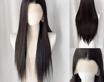 Lange rechte zwarte pruik met veter voor dames, natuurlijk ogend synthetisch hittebestendig haar, cosplaypruik met middenstuk voor dagelijks gebruik