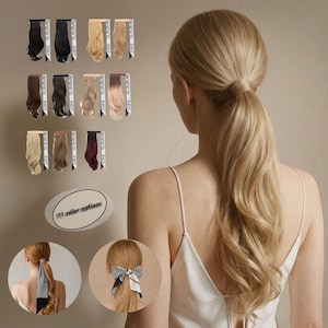 以下が含まれることがあります： 長いウェーブのかかったブロンドの髪を低いポニーテールにした女性。画像には、さまざまな色のヘアエクステンションが表示され、「11 color options」というテキストがあります。2つの小さな画像にはヘアアクセサリーが表示されています。