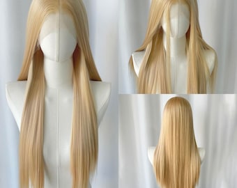 Peluca frontal de encaje rubio beige: cabello sintético liso extra largo, ideal para cosplay.