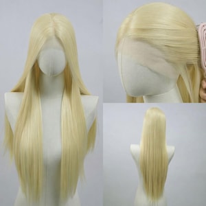 May include: A long, straight, blonde wig displayed on a mannequin. The wig has a natural-looking part and is styled with long, flowing strands. Additional images show the wig from different angles, including a close-up of the hairline and the back.