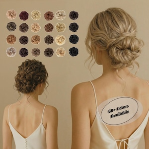 May include: A collection of twenty-four circular hair bun extensions in various shades of brown, blonde, and black, displayed alongside two individuals wearing similar messy bun hairstyles, with text stating 68+ Colors Available.
