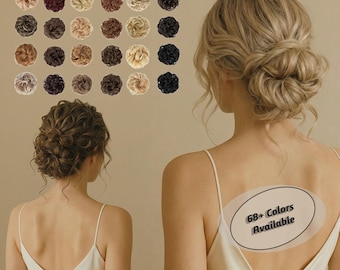 May include: A collection of twenty-four circular hair bun extensions in various shades of brown, blonde, and black, displayed alongside two individuals wearing similar messy bun hairstyles, with text stating 68+ Colors Available.