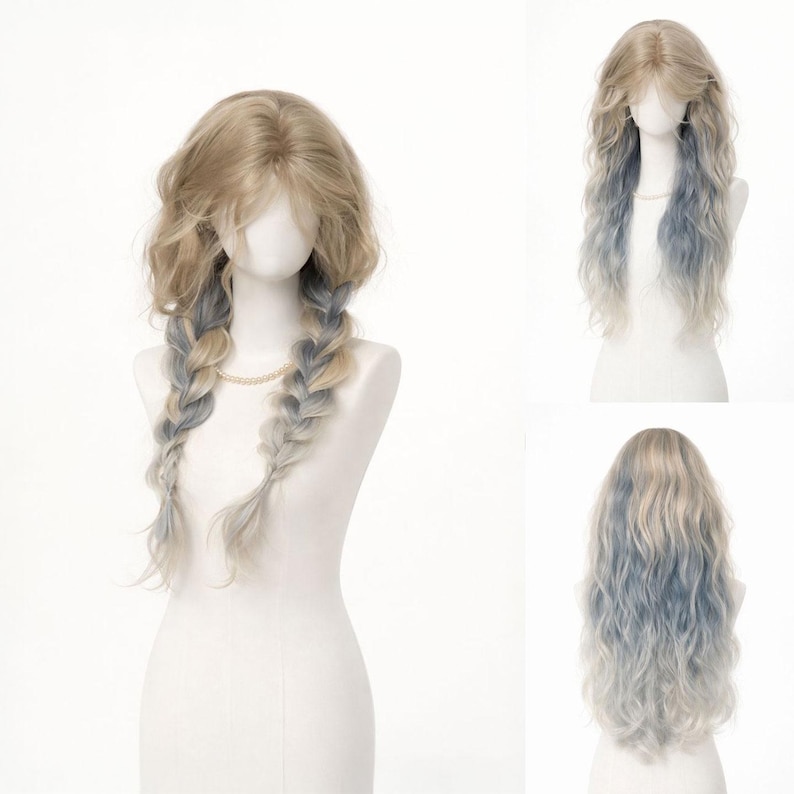 May include: A blonde wig with blue-grey ombre, styled with long, wavy layers and two braided pigtails. The wig is displayed on a mannequin, showcasing the hair's texture and color variations. The wig has a natural-looking hairline and is suitable for cosplay or everyday wear.