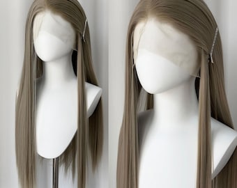 Peluca de pelo rubio ceniza con encaje frontal, color natural, extra larga y recta, peluca completa para cosplay