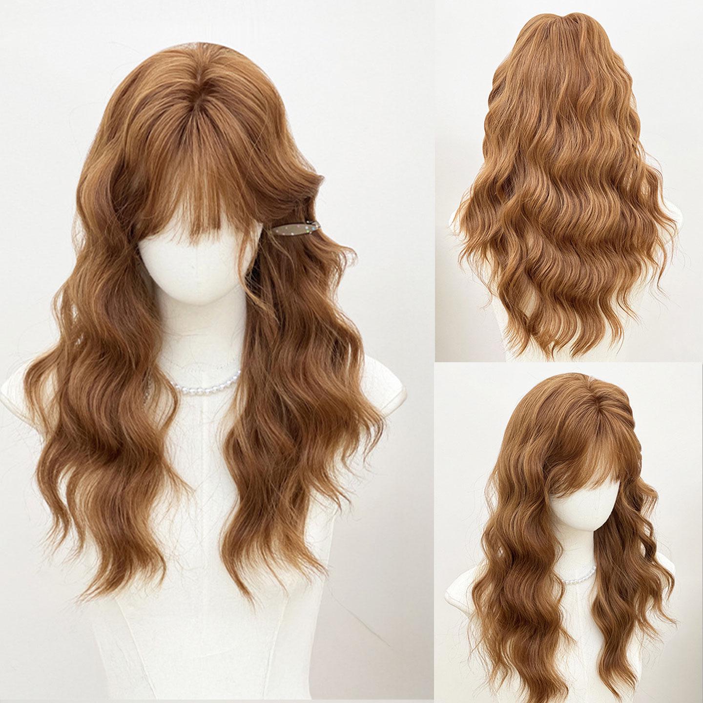 Long Wavy Golden Brown Wig With Bangs: Heat Resistant Synthetic