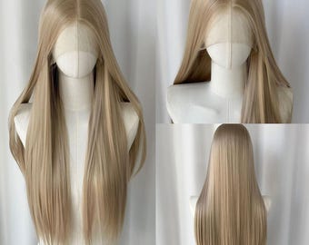 Parrucca frontale in pizzo biondo cenere naturale, parrucca completa extra lunga e liscia, set di parrucche per cosplay