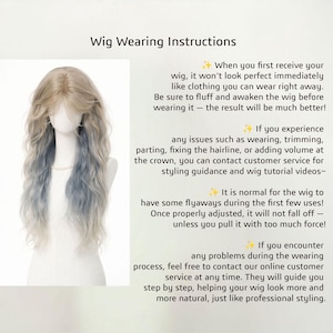 May include: A long, wavy wig with a blend of blonde and blue-grey tones, displayed on a mannequin head. The image includes text titled "Wig Wearing Instructions" with tips on wig care and styling.