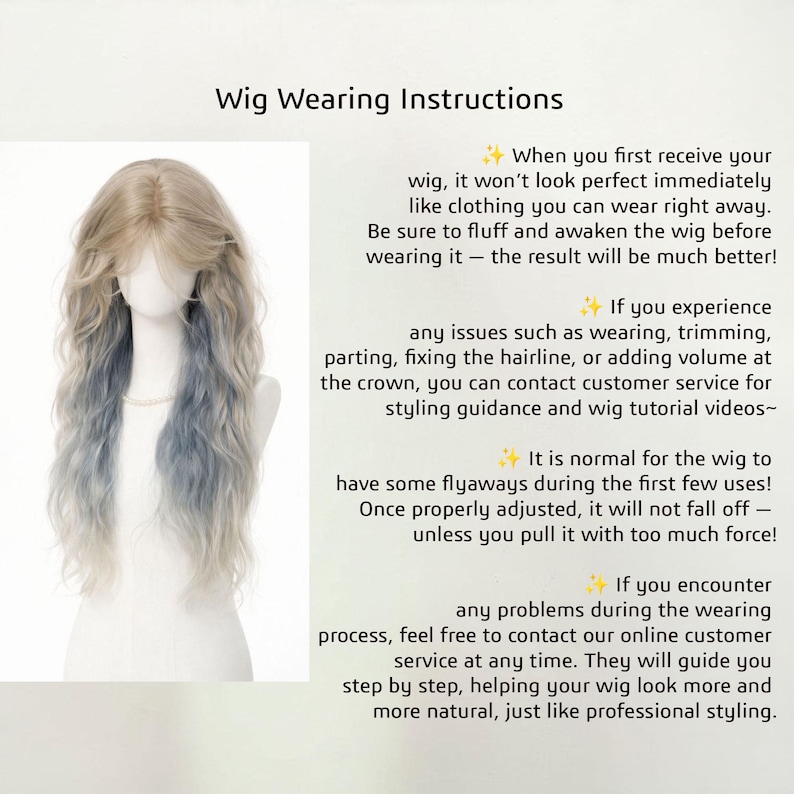 May include: A long, wavy wig with a blend of blonde and blue-grey tones, displayed on a mannequin head. The image includes text titled "Wig Wearing Instructions" with tips on wig care and styling.