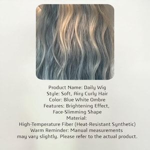 May include: A Daily Wig with soft, airy, curly hair in a blue and white ombre color. The wig is made of high-temperature fiber and has a face-slimming shape. The image shows the texture and color of the wig.