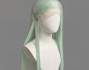Parrucca frontale in pizzo verde menta: capelli sintetici lunghi e lisci color pastello