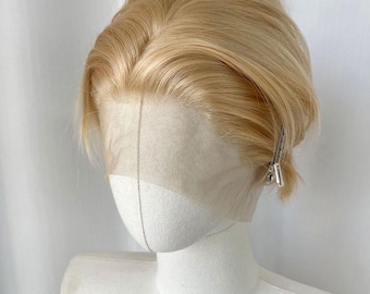 Parrucca corta bionda beige da uomo, capelli sintetici resistenti al calore, costume cosplay