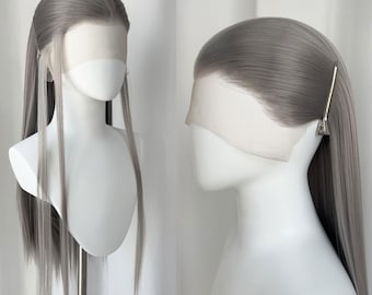 Parrucca lunga e liscia grigio argento, capelli sintetici grigi dai toni freddi, parrucca liscia con riga centrale, parrucchino da donna dall'aspetto naturale, regalo
