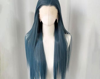Parrucca lunga in pizzo blu fumo: capelli sintetici resistenti al calore