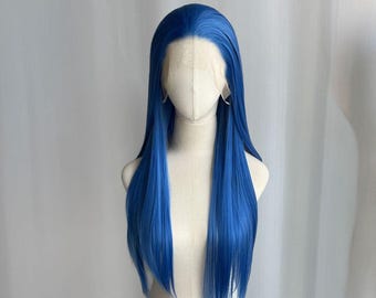 May include: A long, straight, blue wig with a lace front is displayed on a mannequin head. The wig has a natural-looking hairline and is styled with a center part. The vibrant blue color is consistent throughout the long strands.