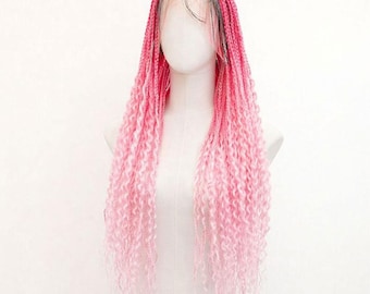 Peluca de crochet con trenzas de caja ombré rosa – Trenzas de diosa pre-enrolladas