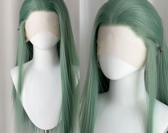 Parrucca frontale in pizzo verde menta: capelli sintetici lunghi e lisci color pastello