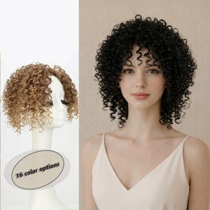 Topper per capelli corti e ricci con frangia per donna, effetto naturale, sintetico, resistente al calore, con clip, disponibile in 16 colori.