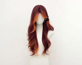Auburn Copper Balayage Long Wavy Wig, Natural Looking Heat Resistant Synthetic Wig, Middle Part Layered Hair, Cosplay Everyday Glam Wig