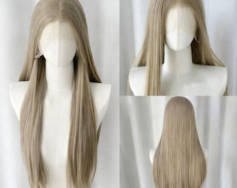 Peluca frontal de encaje rubio beige ceniza natural, peluca completa recta extra larga, peluca de cosplay