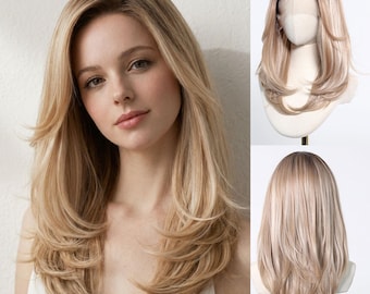 High Quality 22 inch Long Layered Blonde Wig with Dark Roots, Natural Looking Synthetic Wig, Heat Resistant Glueless Lace Front Wig 13x6