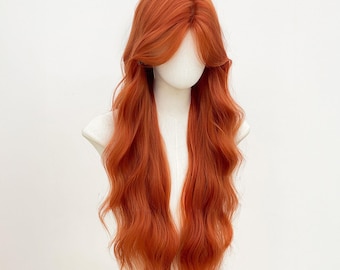 Peluca naranja larga y ondulada: cabello sintético resistente al calor, ideal para cosplay.