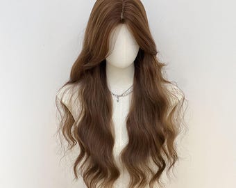 Natural Brown Long Wavy Wig, Heat Resistant Synthetic Hair