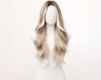 Long Wavy Blonde Synthetic Wig with Dark Roots, Natural Looking Heat Resistant Hair for Women, Middle Part Soft Curly Daily Use Wig