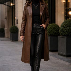 Peut inclure: Un long trench-coat en cuir marron porté sur un pull à col roulé noir et un pantalon en cuir noir. La tenue est complétée par des bottines noires à bout pointu et un délicat collier pendentif doré, créant un look structuré et superposé.