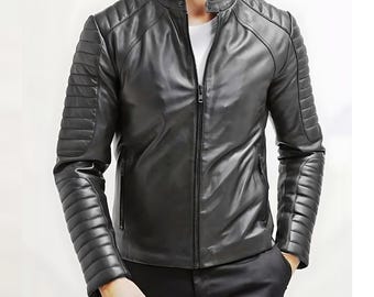Chaqueta de motociclista de cuero genuino negro para hombre – Abrigo de moto acolchado de corte ajustado