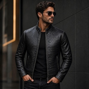 Schwarze Krokodilprägung Lederjacke für Herren - Slim Fit Bikerjacke - Street Style Moto Coat