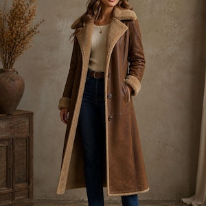Abrigo de piel de oveja marrón / Chaqueta tipo gabardina de invierno forrada con piel de oveja auténtica