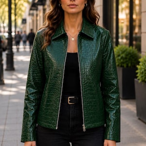 Green Crocodile Embossed Leather Jacket | Genuine Leather Moto Outerwear