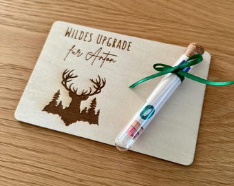 May include: A wooden card with the text "WILDES UPGRADE für Anton" and a deer silhouette with trees. A glass vial with a cork stopper is tied with a green ribbon. The vial contains rolled-up paper.