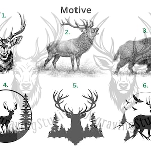 May include: A collection of six black and white wildlife illustrations labeled Motive. The images include a deer head, a roaring stag, a wild boar, and three silhouettes featuring deer, pine trees, mountains, and birds in circular or forest settings.