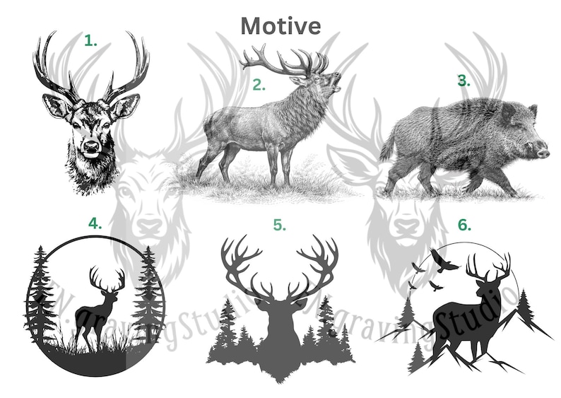 May include: A collection of six black and white wildlife illustrations labeled Motive. The images include a deer head, a roaring stag, a wild boar, and three silhouettes featuring deer, pine trees, mountains, and birds in circular or forest settings.