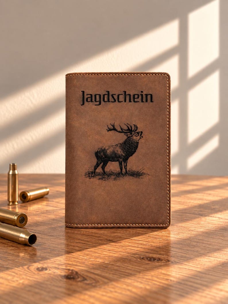 May include: A brown leather document holder featuring the word Jagdschein and an illustration of a stag. The cover has visible stitching along the edges. Several brass-colored metal shell casings are positioned to the left of the holder.