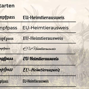 Peut inclure: Un tableau intitul&eacute; Schriftarten pr&eacute;sentant sept options de polices num&eacute;rot&eacute;es pour le texte Impfpass et EU-Heimtierausweis. Chaque ligne affiche les deux m&ecirc;mes expressions dans une police distincte, allant du style serif au cursif.